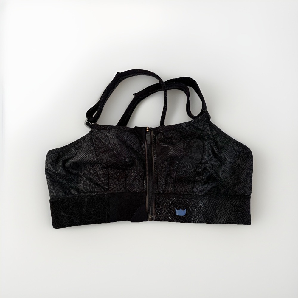 SHEFIT Ultimate Sports Bra Lux Black Snakeskin Zip Front Adjustable High Impact